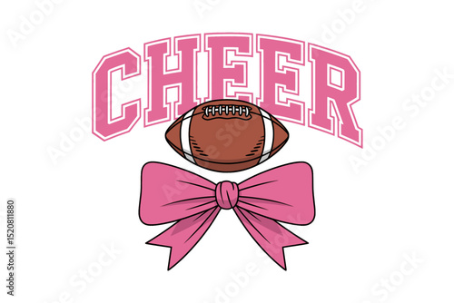 Cheer Text with Football and Pink Bow, Bold pink “CHEER” text in varsity style with a football above and large bow below, representing cheerleading and school spirit.

