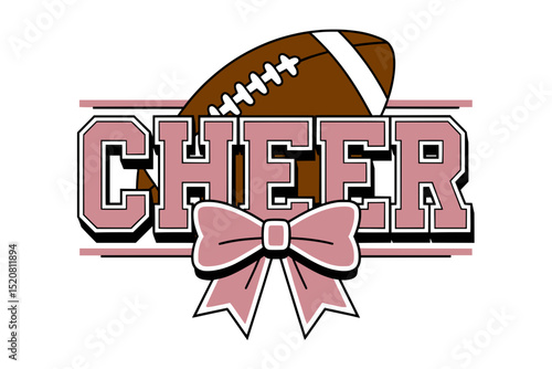 Cheer Text with Football and Pink Bow, Bold pink “CHEER” text in varsity style with a football above and large bow below, representing cheerleading and school spirit.

