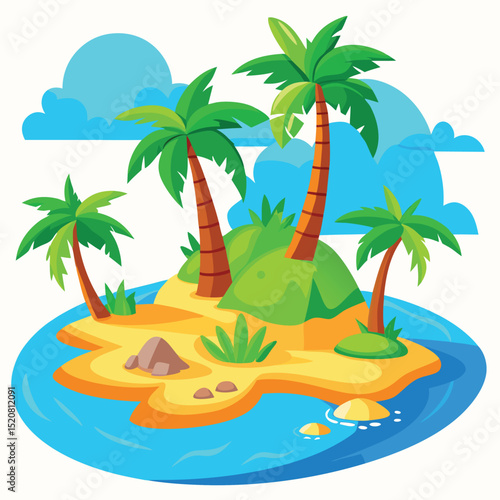 Tropical Island Cartoon Illustration with Palm Trees, Sandy Beach, and Blue Sea