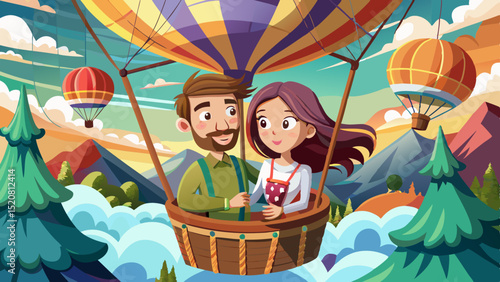 Smiling couple enjoying a hot air balloon ride above clouds and mountains surrounded by colorful balloons and trees