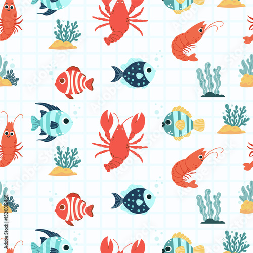 Seamless underwater Pattern. Cute tropical fish Crayfish, Shrimp and Sea Plants and algae on checkered white Background. Vector Illustration. Kids collection