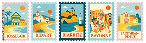 SET OF CÔTE BASQUE FRENCH CITIES STAMPS ILLUSTRATION (BIARRITZ, HOSSEGOR, BAYONNE, BIDART, ST JEAN DE LUZ)
