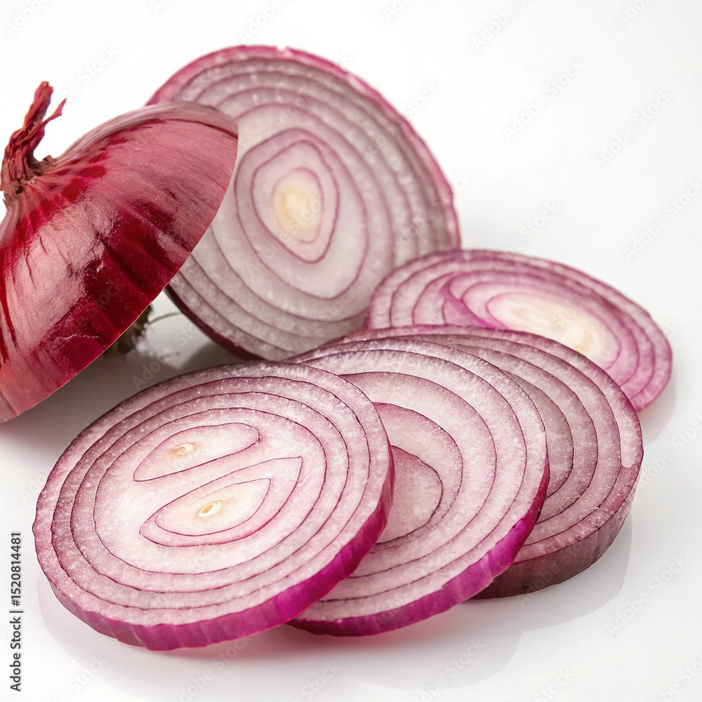 Fototapeta premium Red Onion Slices: Close-up Photo of Sliced Red Onions isolated on white background