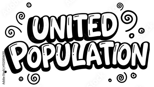 United Population graphic design with no people or demographic details. Bold text with decorative swirls in a simple layout.