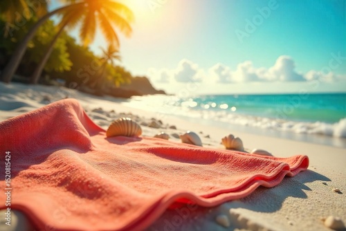 Golden hour sun rays illuminate a vibrant beach towel, seashells scattered nearby, suggesting a relaxing summer day of sunbathing Perfect for travel, vacation, and summer themes , coastline, daytime