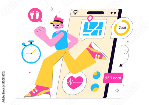 Virtual Fitness App Illustration Featuring People Enjoying Online Classes Using a Mobile Application to Promote Wellness and Healthy Lifestyle Trends