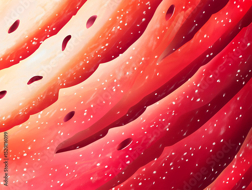 Juicy sliced watermelon in macro view, showing bright red pulp, seeds, and summer freshness. Perfect fruit texture background for seasonal design.