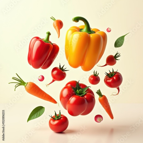 vibrant colorful vegetables floating clean white background fresh produce display, tomato, broccoli, carrot, cucumber, eggplant, spinach, potato, herb, pea