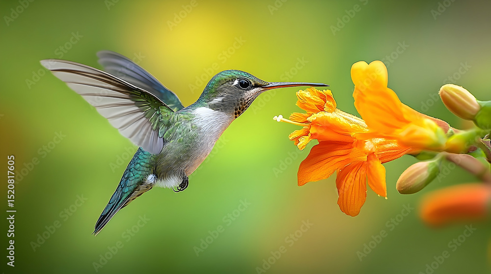 Fototapeta premium A hummingbird hovers near an orange flower.