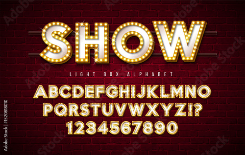 Light Bulb Alphabet with Gold Frame Box and Shadow on Vintage Brick Wall Background. Glowing Retro Vector Font Collection with Shiny Bright Lights. ABC and Number Design for Casino, Night Club or