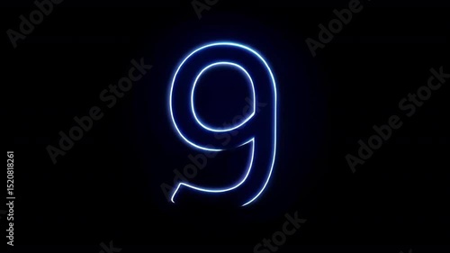 Glowing animation of blue neon number nine