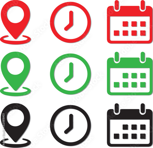 location, map pin, time, clock, calendar, schedule, appointment, date, planning, reminder, vector, icon, set, collection, symbols, illustration, graphic, design, 