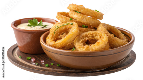 Golden Crispy Onion Rings with Dipping Sauce, AI generated