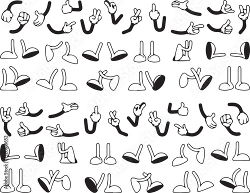 cartoon, hands, feet, legs, arm, poses, gestures, finger, pointing, thumb up, peace sign, rock on, middle finger, illustration, vector, black and white, 