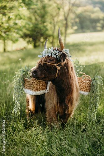 highlander cow in field with baskets