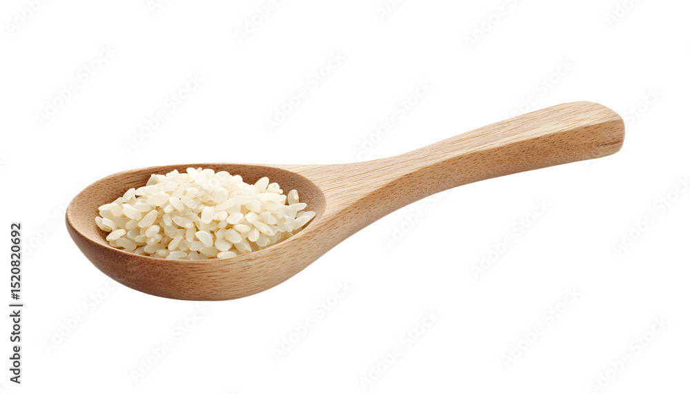 Single wooden spoon filled with uncooked jasmine rice, isolated on a clean white background Single wooden spoon filled with uncooked jasmine rice, isolated on a clean white background