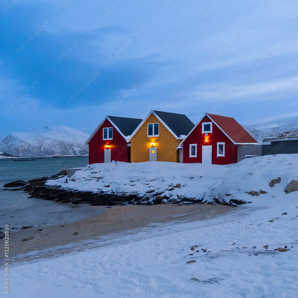 Naklejka premium 3 houses in snowy Tromso