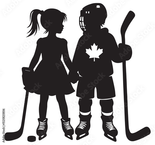 Kids Hockey Silhouette Boy Girl Holding Hands Ice Puck Canadian Maple Leaf Sport Love Childhood Sweethearts
