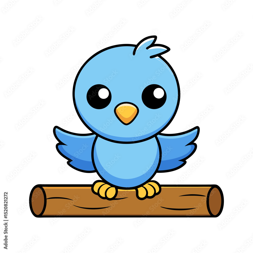 Fototapeta premium Cute cartoon blue bird perched on a wooden branch
