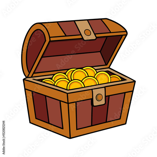 Cartoon wooden treasure chest full of gold coins