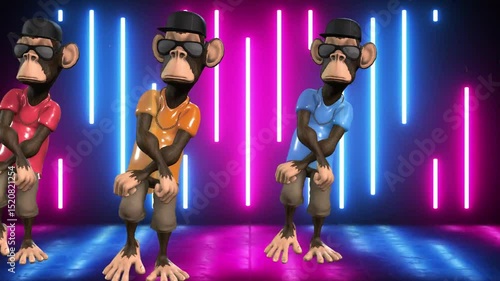 A 3D animated monkey character dancing energetically in a futuristic nightclub or party setting with neon lights. This footage is ideal for social media content, viral videos, music videos, advertisem