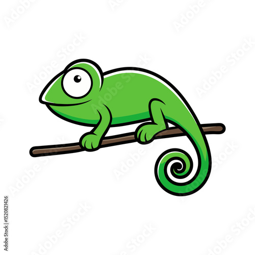 Cute green chameleon on a branch cartoon illustration