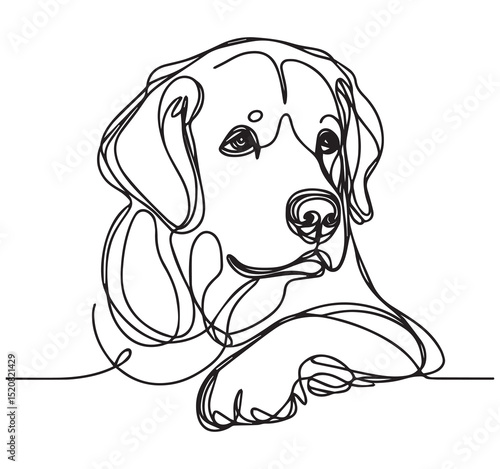 Continuous line drawing of a dog head and paw. Simple minimalist pet animal illustration art sketch.