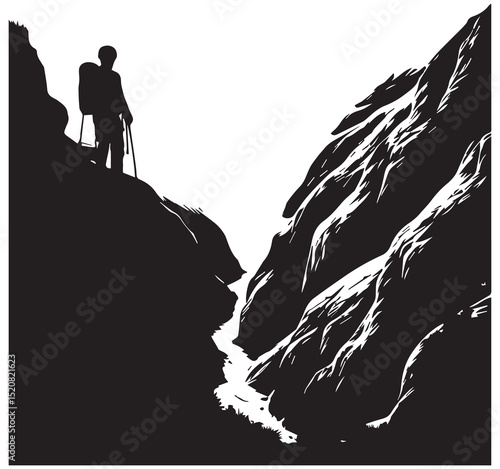 Man hiking silhouette mountain landscape valley stream adventure travel outdoor black white
