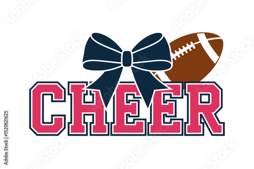 Cheer Graphic with Blue Bow and Football, Bold cheerleading design featuring varsity-style pink “CHEER” text, a large blue bow in the background, and a football accent.

