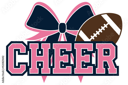 Cheer Graphic with Blue Bow and Football, Bold cheerleading design featuring varsity-style pink “CHEER” text, a large blue bow in the background, and a football accent.

