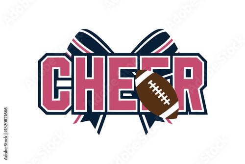 Cheer Graphic with Blue Bow and Football, Bold cheerleading design featuring varsity-style pink “CHEER” text, a large blue bow in the background, and a football accent.

