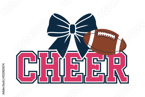 Cheer Graphic with Blue Bow and Football, Bold cheerleading design featuring varsity-style pink “CHEER” text, a large blue bow in the background, and a football accent.

