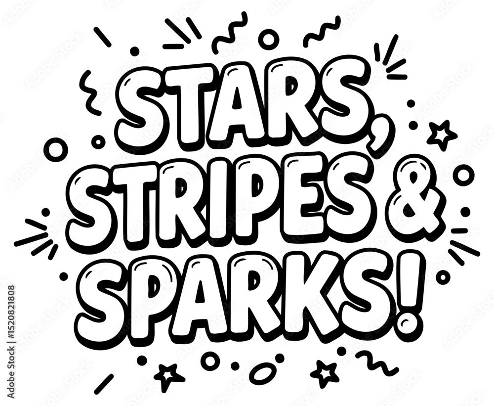Fototapeta premium Stars. stripes and sparks graphic design with no people or location. Bold. stylized lettering against a blank background. Graphic design for print media or online use.