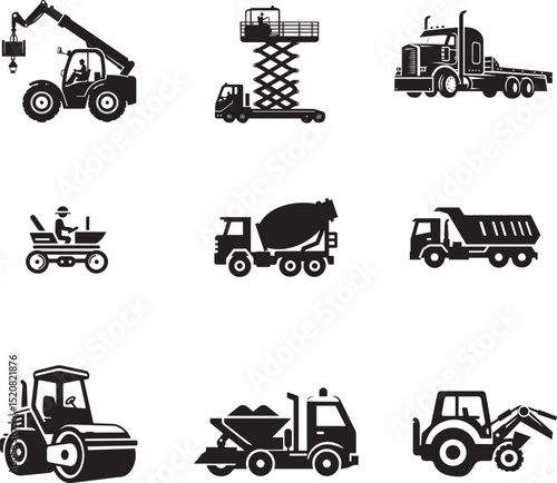 construction icon set Telehandler Scissor Lift Trencher Concrete Mixer Truck Lowboy Trailer Lowboy Trailer 
