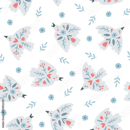 Cute pattern with birds with rustic folklore ornaments. Seamless texture with doves in Scandinavian style with flowers for wrapping paper or textile. Vector pattern in flat style on white background. 