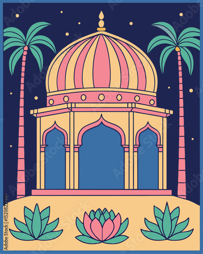 Vibrant illustration of indian palace temple palm trees and lotus flowers