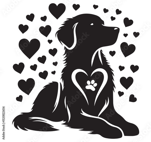 Dog Silhouette with Hearts and Paw Print Symbol of Pet Love Loyalty Friendship Black White Vector Illustration