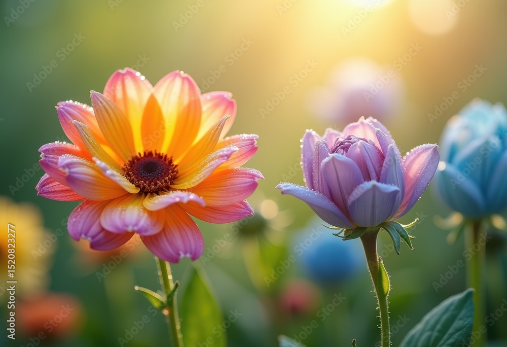Fototapeta premium vibrant morning blooms dew drops nature floral close freshness colorful petals radiant blooms, garden, beauty, scene, spring, wildflower, pollen, growth