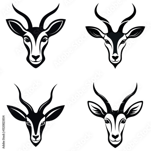 Black and White Illustration of Gazelle Heads with Varying Horn Styles Isolated on White