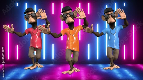 A 3D animated monkey character dancing energetically in a futuristic nightclub or party setting with neon lights. This footage is ideal for social media content, viral videos, music videos, advertisem