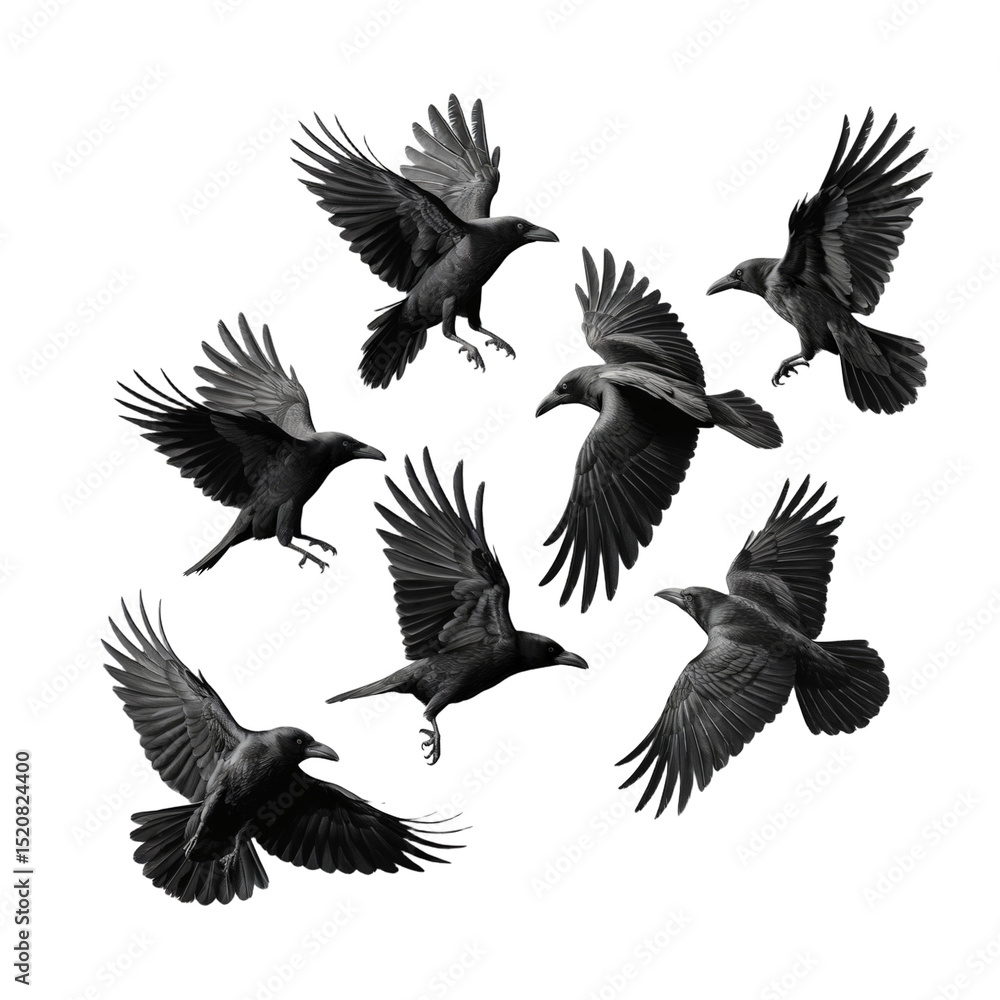 Fototapeta premium A black and white artistic composition of seven ravens isolated on transparent white background 
