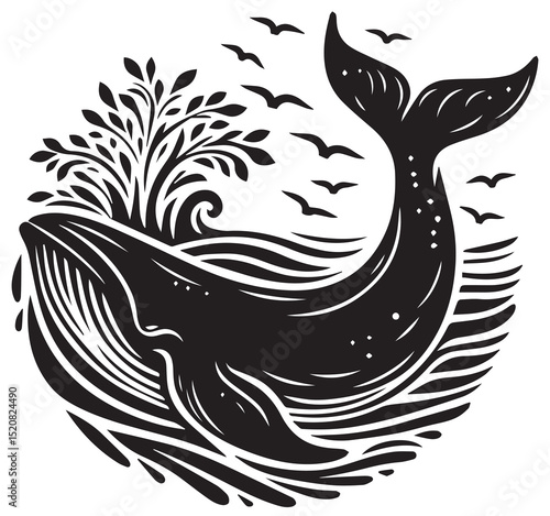 Whale in circle illustration black and white with ocean waves, nature tree, and birds flying graphic design.