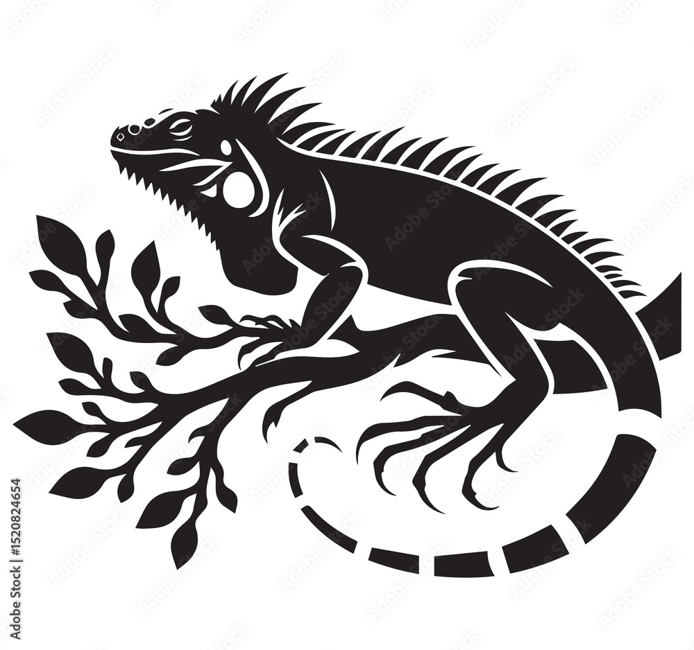 Obraz premium Iguana Silhouette on Tree Branch Black and White Vector Illustration Reptile Lizard Animal Wildlife Nature Graphic Design