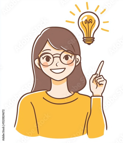 Woman with glasses smiling and pointing at a light bulb symbolizing a bright idea in a colorful illustration