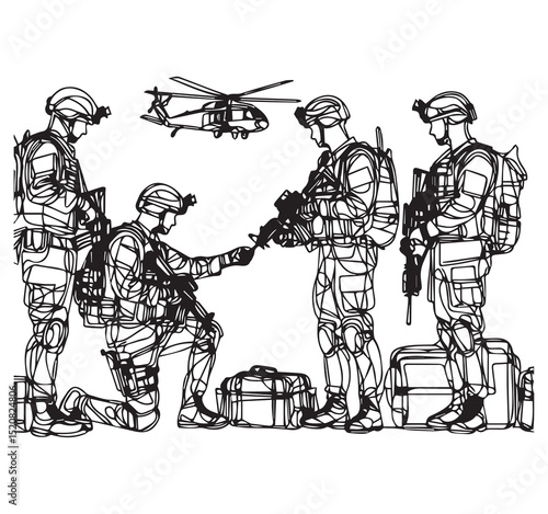 Military soldiers in tactical gear preparing for mission or deployment with helicopter and bags team operation