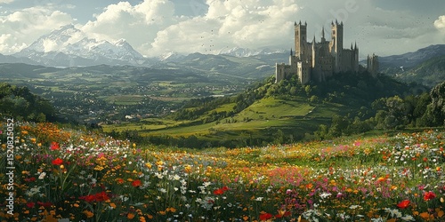 Stone castle with cylindrical towers stands amid green hills and blooming wildflower field under cloudy sky and distant mountains. Generative by AI.