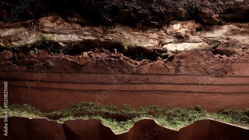 Layered earth cross-section revealing different soil types, rocks, and sparse vegetation growing among sedimentary stratification.