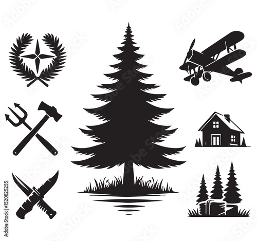 Black Silhouettes Icons Set Nature Military Tools House Plane Knives Trees Symbols Vector Graphic Collection