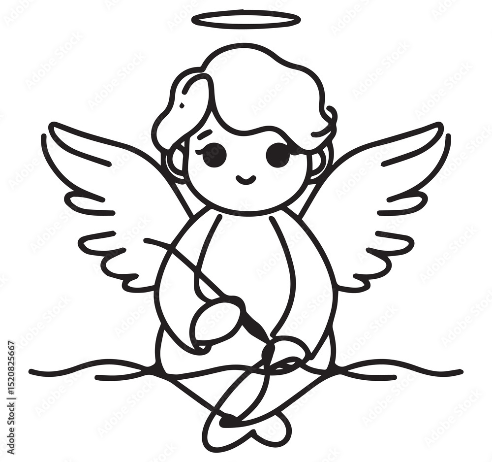 Fototapeta premium Cute Cartoon Angel Line Art Simple Black White Drawing with Halo and Wings Holding String of Lights Illustration