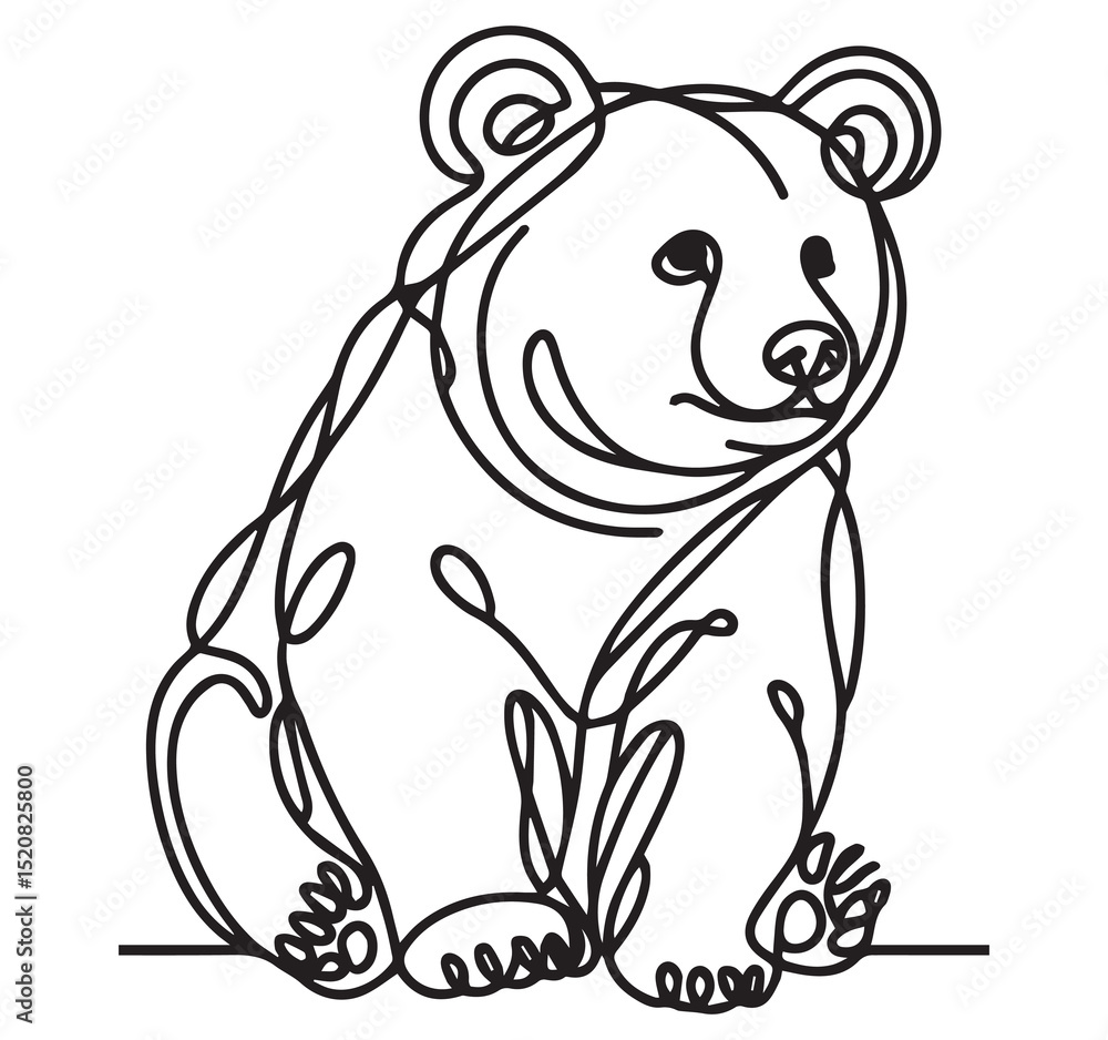Fototapeta premium Cute Sitting Bear Cub Minimalist Continuous Line Art Drawing Black and White Illustration